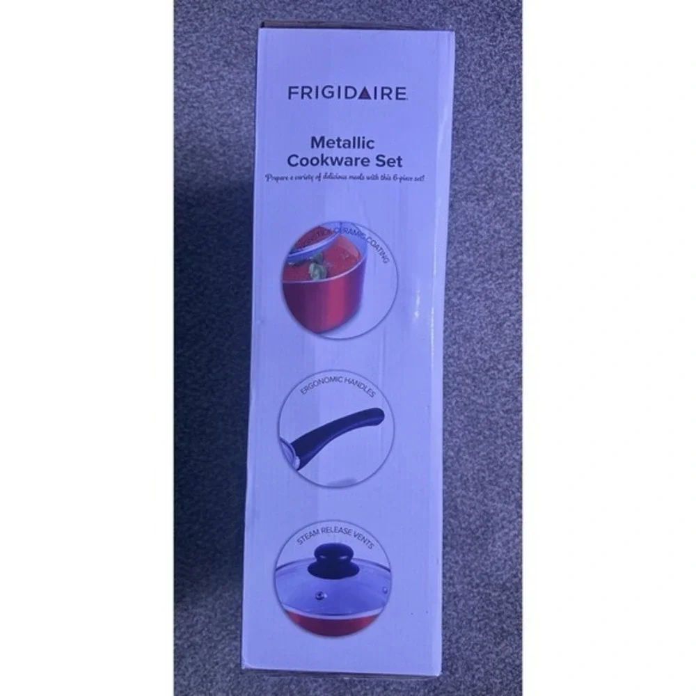 New Frigidaire Metallic Cookware 6 PC Pot Set Red Eco Friendly‎ Nonstick Ceramic
